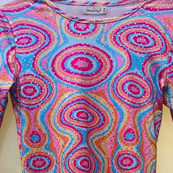 Retro 70s-Inspired Bell Sleeve Dress Swirl Print Pink/Orange/Blue Besser Bay S - Picture 2 of 2